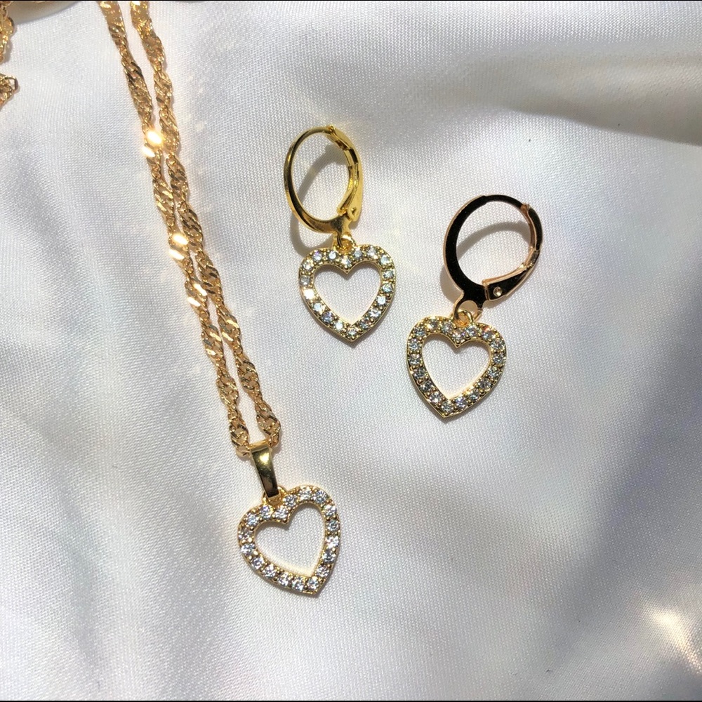 Gold Heart Diamond Earrings + Necklace SET